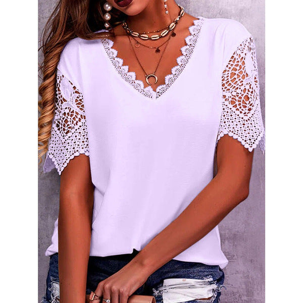Womens Lace Trim V-Neck Short Sleeve T-Shirt