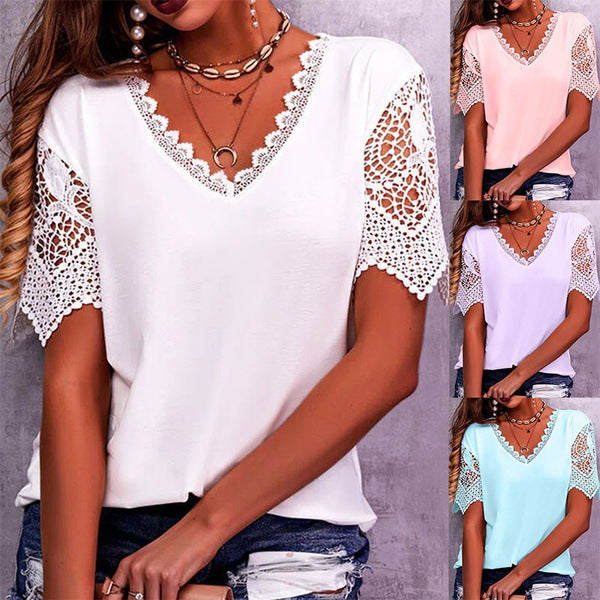 Womens Lace Trim V-Neck Short Sleeve T-Shirt
