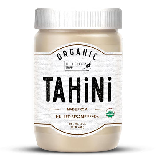 Organic Tahini Paste 16 oz (1lb) - Smooth Tahini Organic from Hulled Sesame Seeds - USDA Certified, Kosher, Gluten Free - Creamy Tahini Sauce & Sesame Paste for Cooking - The Holly Tree