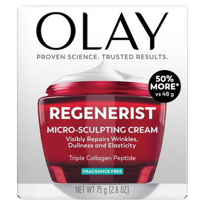 Olay Face Moisturizer, Regenerist Micro-Sculpting Cream for Women, Fragrance-Free - Anti-Aging, Anti-Wrinkle, Firming Skin Care - Triple Collagen Cream, Peptide, Hyaluronic Acid, Niacinamide, 2.6oz