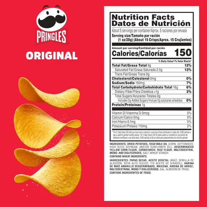 Pringles Potato Crisps Chips, Lunch Snacks, On-The-Go Snacks, Original, 5.2oz Can (1 Can)