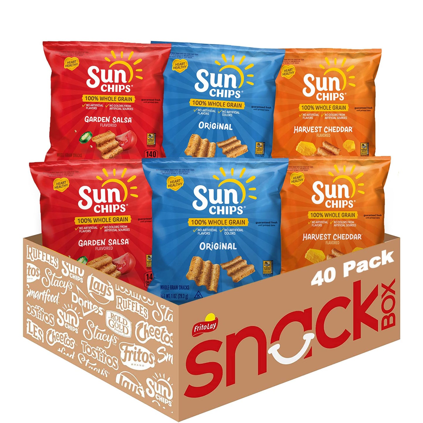 SunChips 100% Whole Grain Chips, Harvest Cheddar, 1 oz Bags, Pack of 40, No Artificial Flavors, Colors