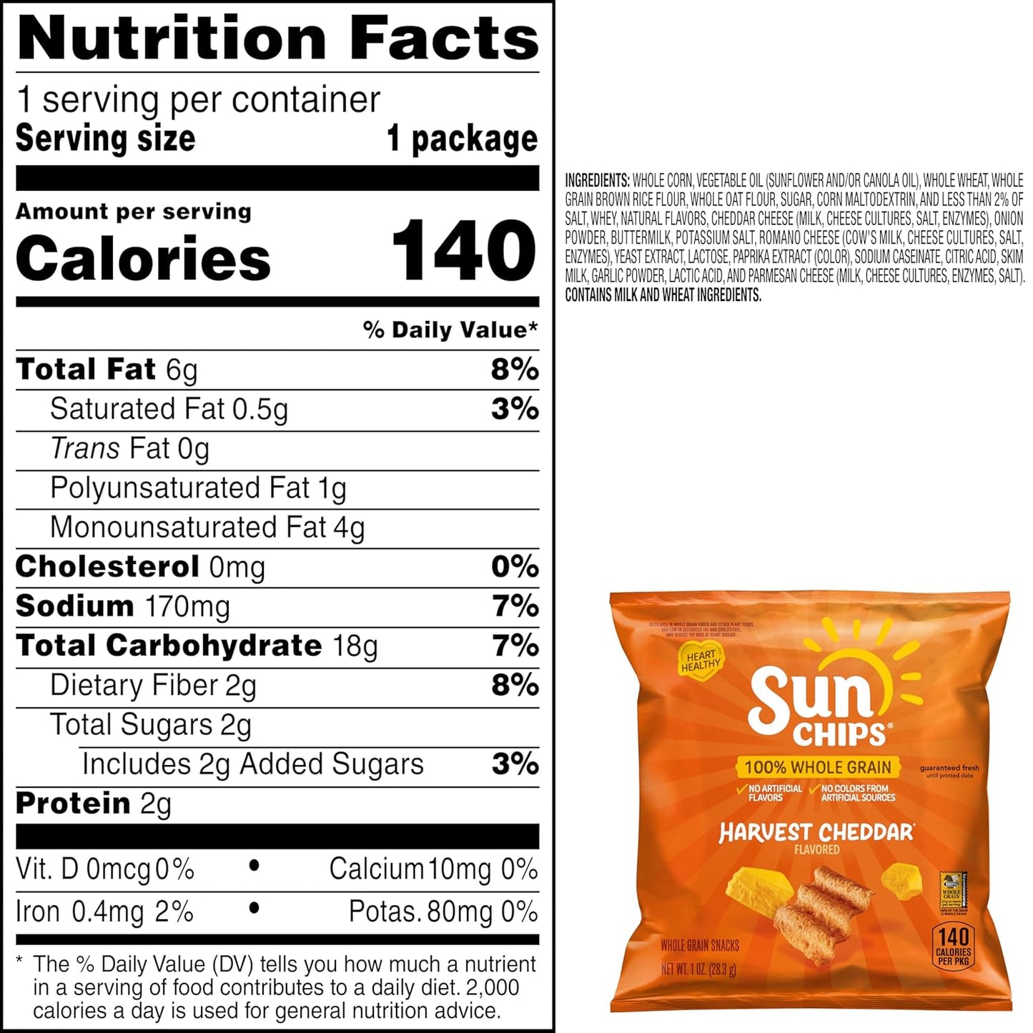 SunChips 100% Whole Grain Chips, Harvest Cheddar, 1 oz Bags, Pack of 40, No Artificial Flavors, Colors
