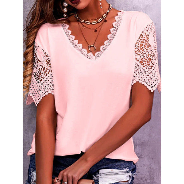 Womens Lace Trim V-Neck Short Sleeve T-Shirt