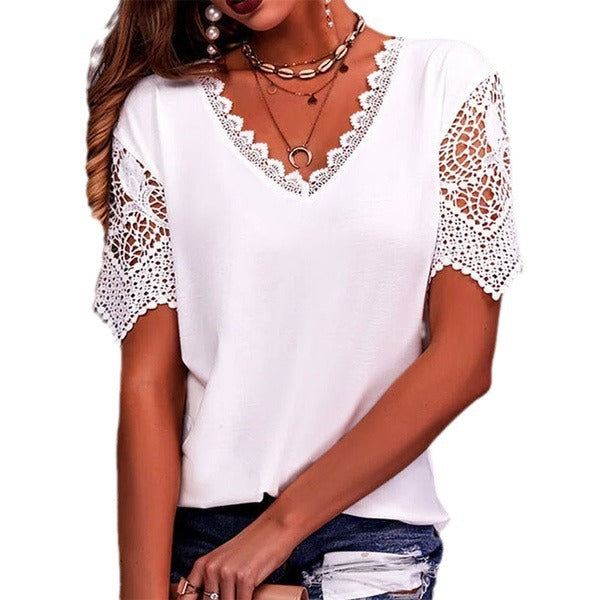 Womens Lace Trim V-Neck Short Sleeve T-Shirt
